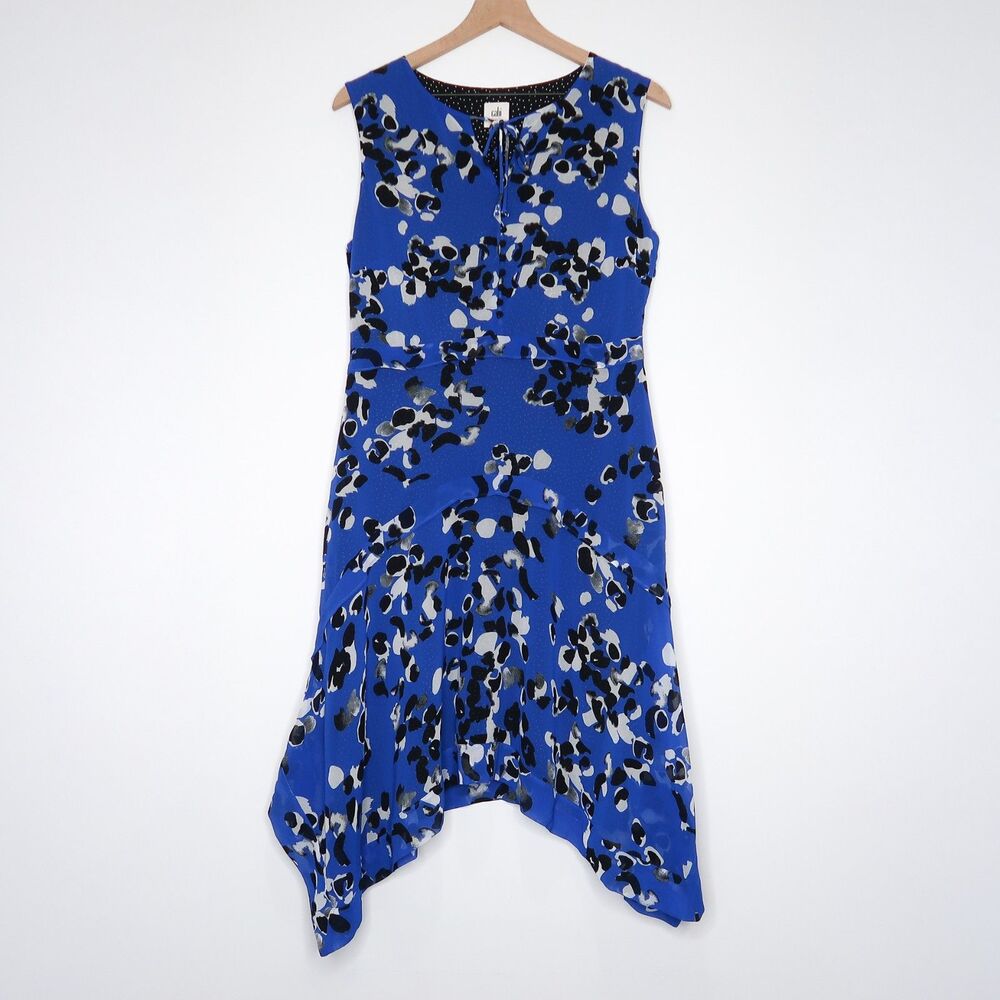 Cabi Womens Sleeveless Dress Size Medium Blue Black Floral Polka‎ Dot Layered